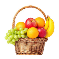 Basket filled with fresh fruits, apples, oranges, bananas, and grapes. Healthy eating and lifestyle concept.