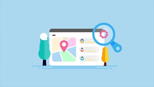 Search results display local business and service map with customer review, people searching nearby business concept.