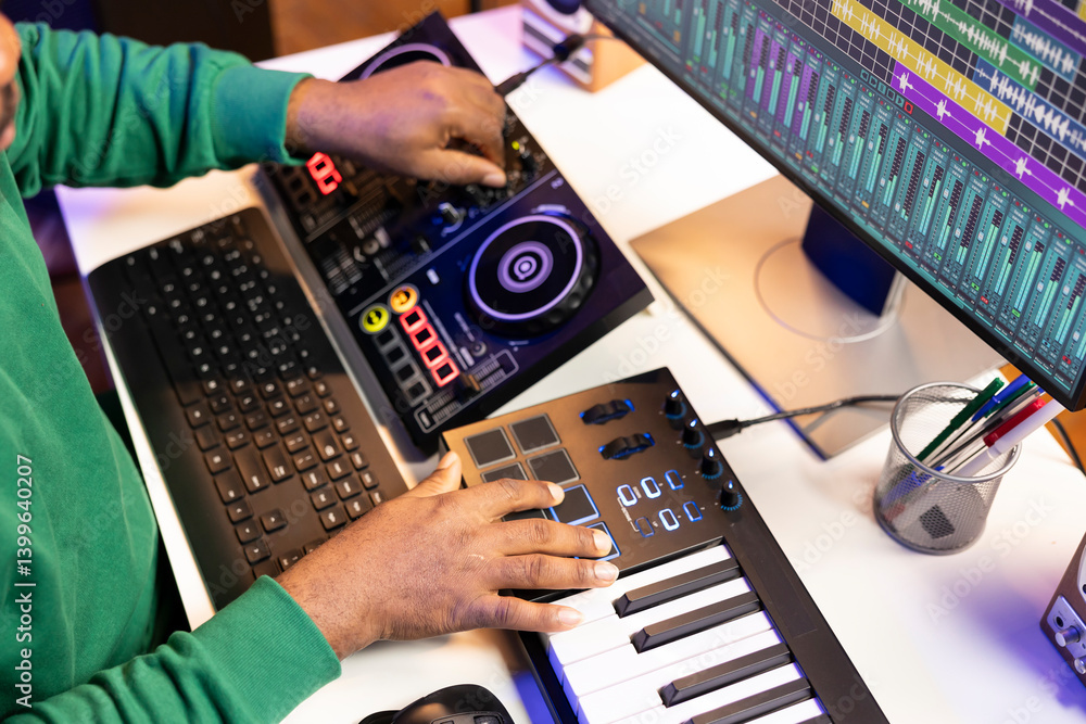 Poster Sound engineer artist adding effects on his audio files in post production, working with a console and daw software to mix and master tunes. Musician adjusting songs volume levels. Close up.