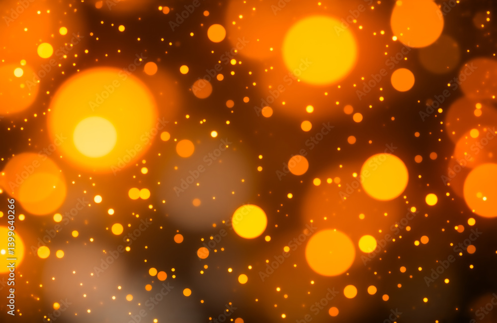 Poster Abstract image featuring a dark background scattered with blurry orange and gold circles and tiny sparkling lights, creating a bokeh effect.  Suggests warmth and celebration.