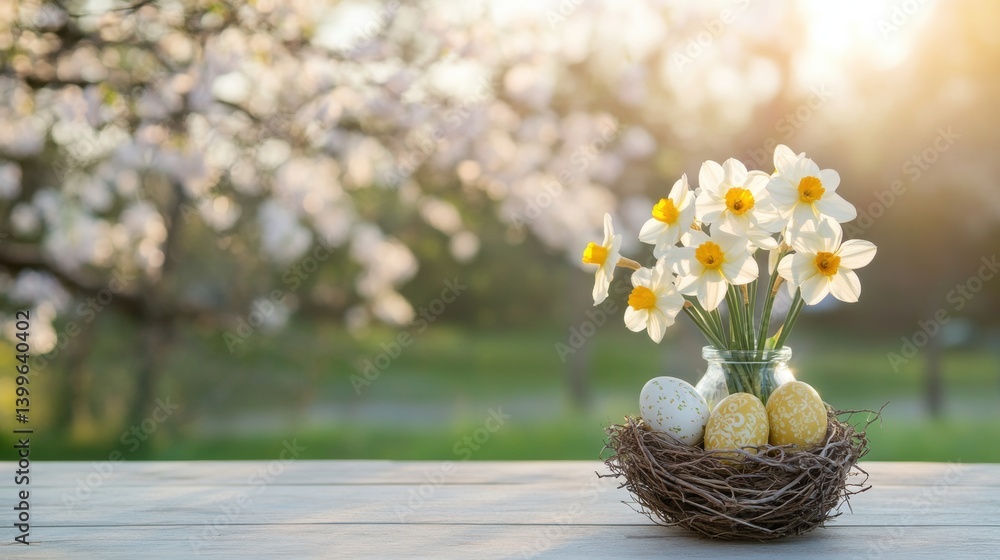 Poster bright flowers are arranged in a jar with decorative eggs nestled in a nest on a table as the sun se