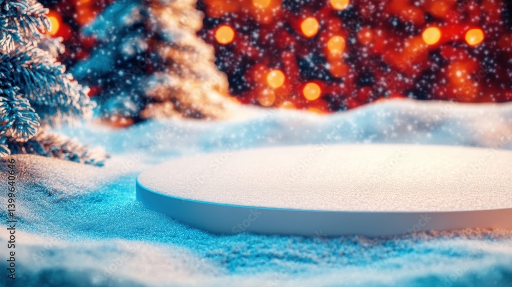 Poster snow covers the ground, surrounded by evergreen trees, creating a serene winter scene with soft boke