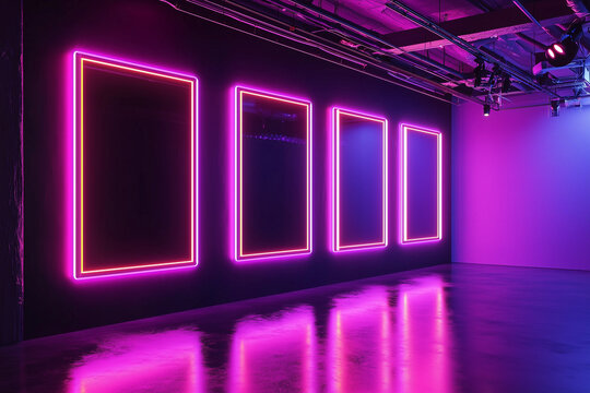 Neon-outlined empty frames on black glossy wall