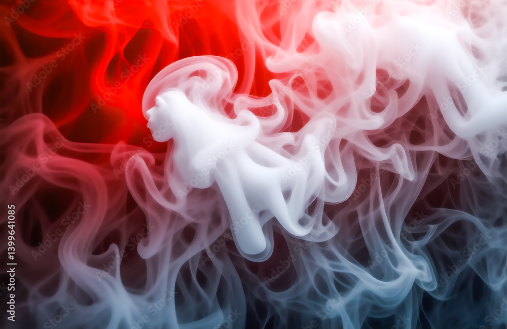 Poster abstract image of swirling red, white, and blue smoke. the colors blend and contrast, creating a dyn