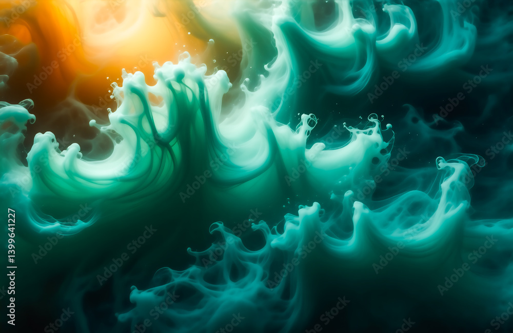 Poster abstract image of swirling teal and orange paint in water. the colors blend and create dynamic, orga