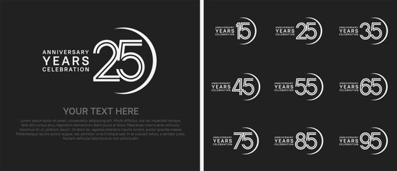 logo anniversary set. white color with swoosh on black background for special event