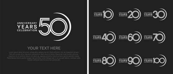 logo anniversary set. white color with swoosh on black background for special event