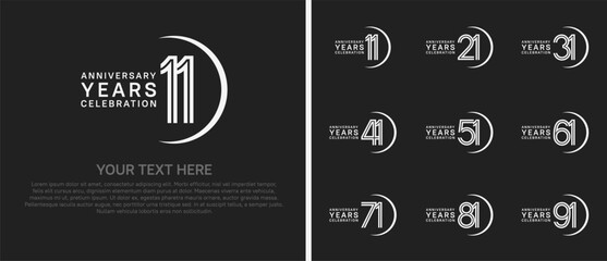 logo anniversary set. white color with swoosh on black background for special event
