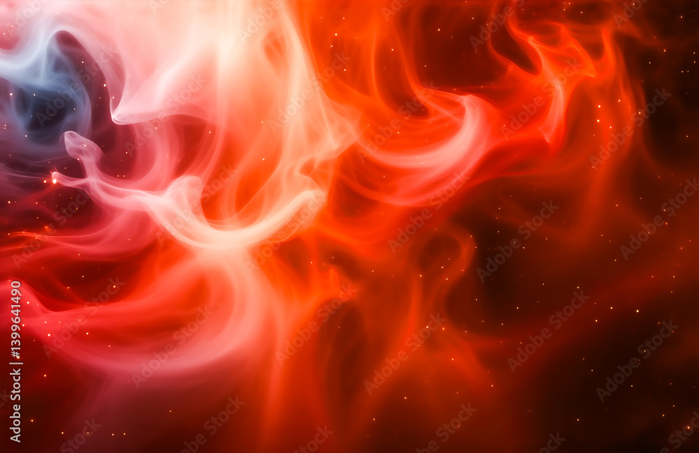 Poster swirling nebula, fiery red and white hues dominate a cosmic scene. sparkling dust motes pepper the v