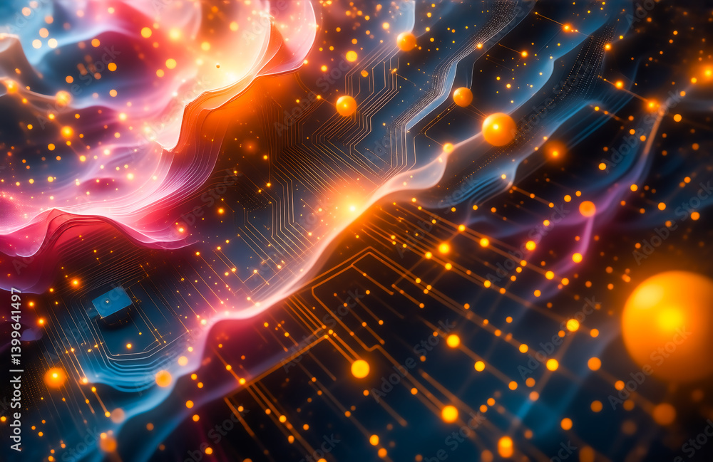 Poster Abstract digital art depicting a vibrant, swirling nebula interacting with a circuit board, glowing with orange and red light, representing data flow and interconnectedness.