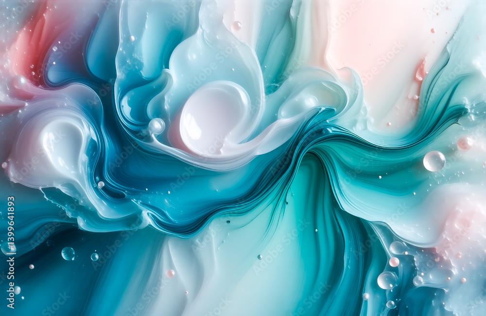 Leinwandbilder swirling teal, white, and coral paint creates an abstract, fluid design. bubbles and viscous texture