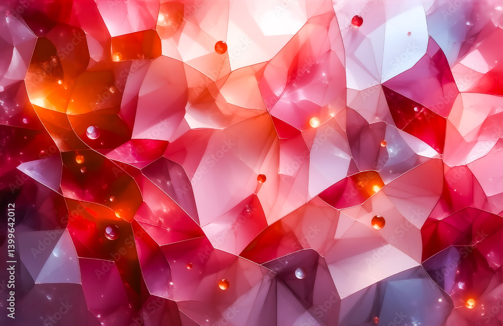 Poster abstract image featuring a vibrant, faceted gemstone texture. red, pink, and white hues blend, creat