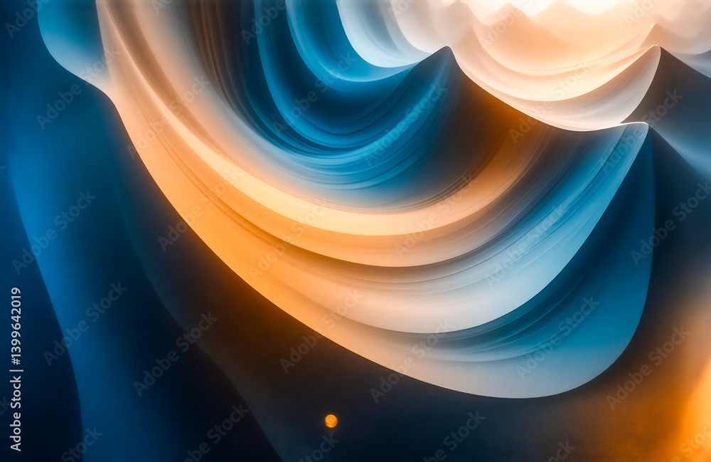 Poster abstract swirling forms in deep blues, oranges, and whites create a dynamic, flowing composition. th