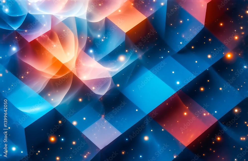 Poster abstract artwork featuring vibrant, glowing nebulae within a geometric, grid-like structure. the ima