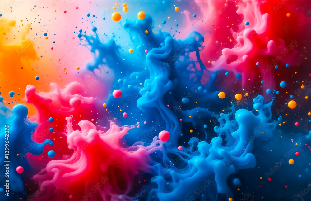 Aufkleber Vibrant swirls of red, blue, and yellow paint explode in a mesmerizing underwater scene.  Tiny colorful spheres add to the dynamic composition.