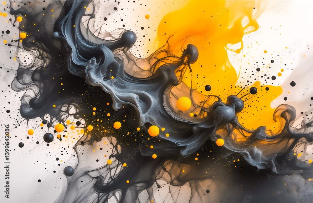 Poster abstract image of swirling black and yellow ink in water. small spheres are dispersed throughout the