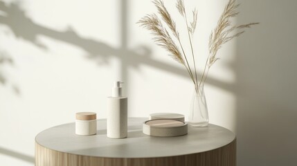 Natural beauty products on a wooden table
