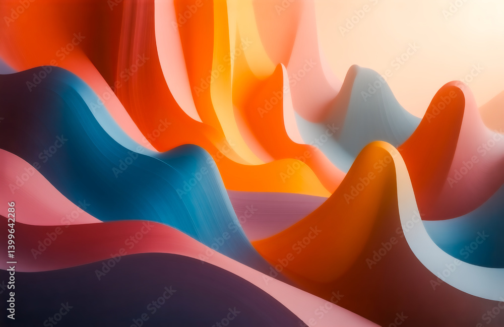 Poster abstract image of vibrant, flowing, colorful shapes resembling undulating hills or waves. the colors