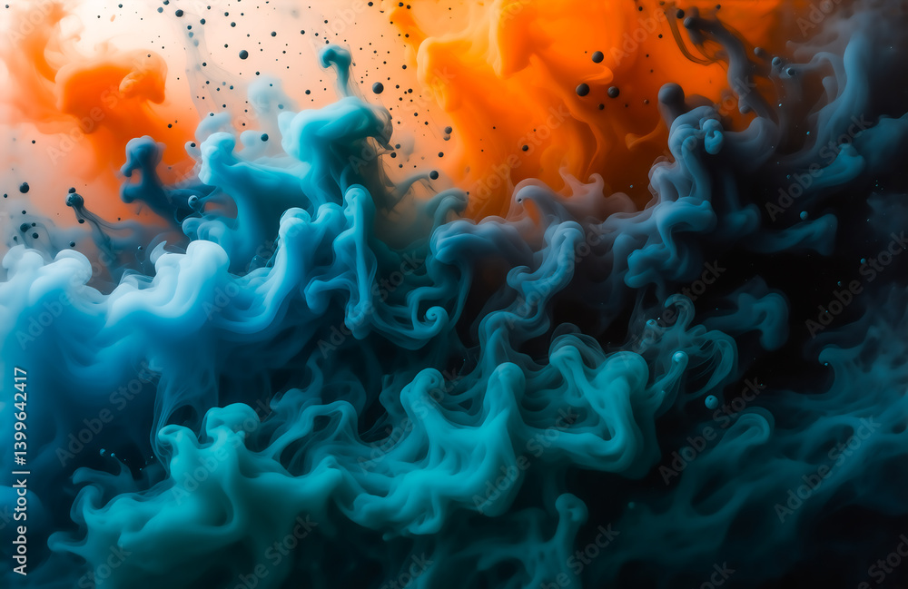 Poster abstract image of swirling teal and orange paint in water. the colors blend and contrast, creating a