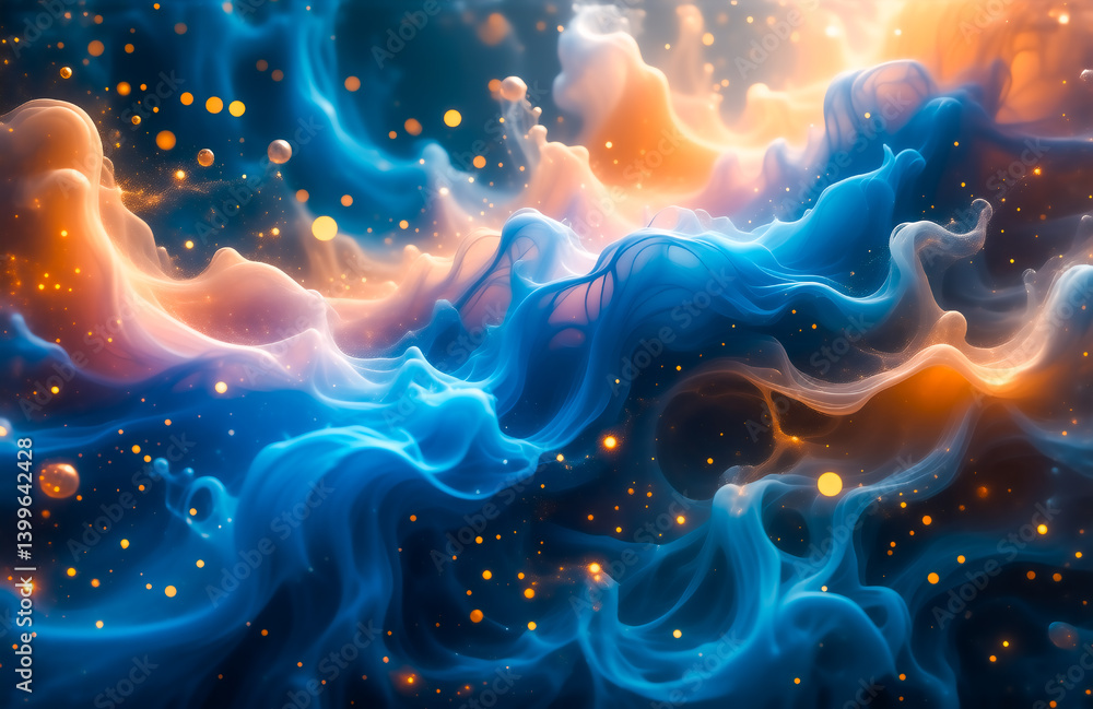 Aufkleber Abstract swirling blue and orange colors blend in a cosmic nebula-like scene. Golden particles shimmer, creating a magical, ethereal effect.