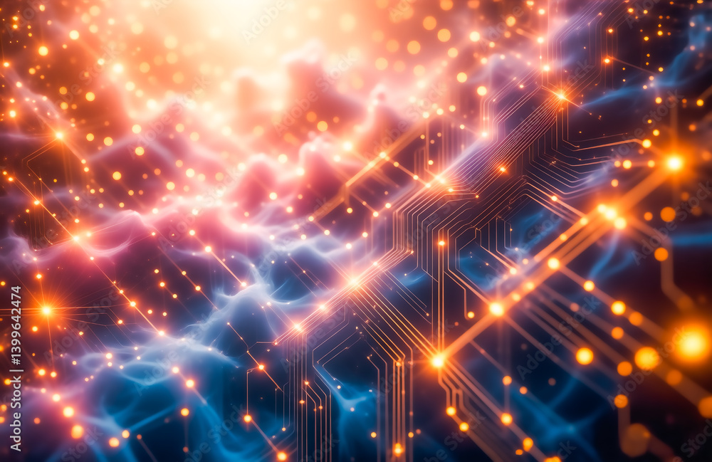 Poster abstract digital art depicting a vibrant, glowing circuit board intertwined with nebulous clouds of 