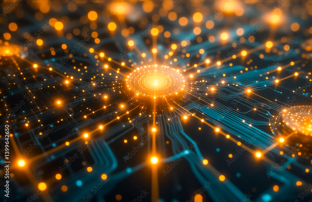 Poster intricate network of glowing circuits and nodes, radiating light and energy. a futuristic digital la