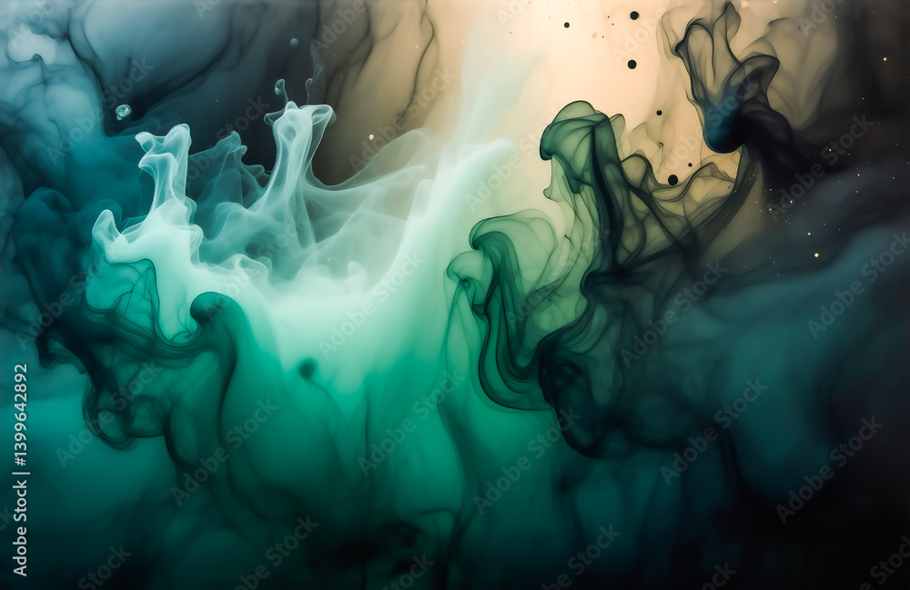 Poster abstract image of swirling teal, green, and white inks in water. the colors blend and diffuse creati