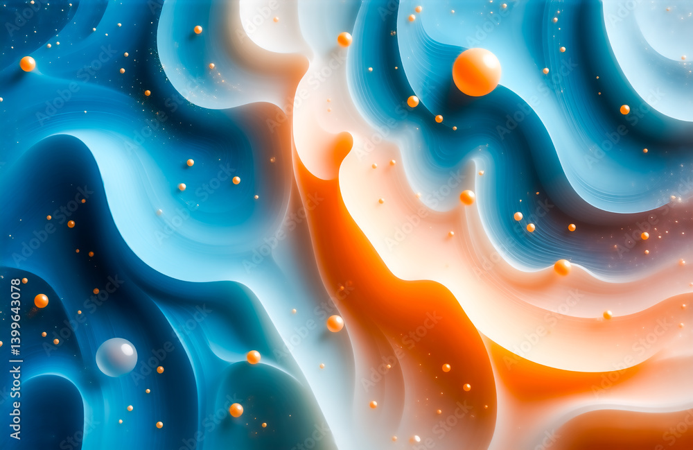 Poster Abstract artwork depicting swirling, vibrant blue and orange liquid forms.  Small, glistening spheres are scattered throughout the dynamic composition, creating a sense of depth and movement.