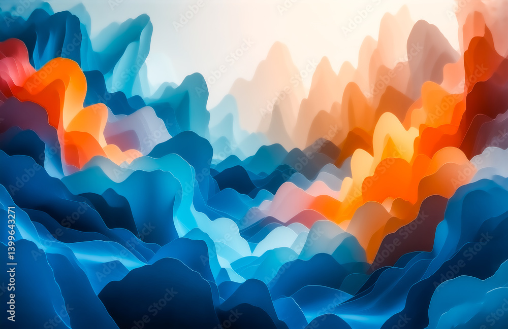 Poster Abstract landscape of vibrant, undulating forms. Cool blues and warm oranges create a dynamic, three-dimensional effect.  The flowing shapes suggest a sense of movement and depth.