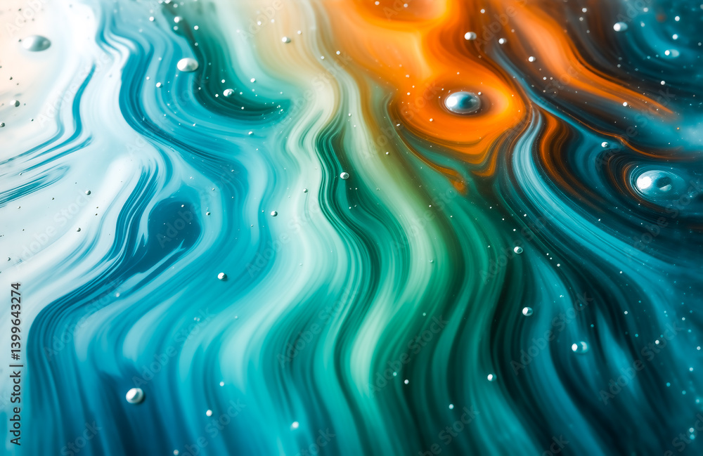 Aufkleber abstract fluid art showcasing vibrant swirls of teal, white, and orange hues. tiny bubbles are dispe
