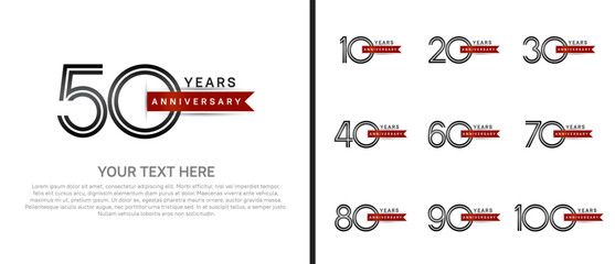 logo anniversary set. black color with red ribbon on white background for special event