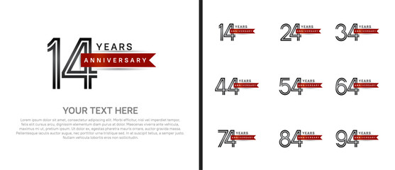 logo anniversary set. black color with red ribbon on white background for special event
