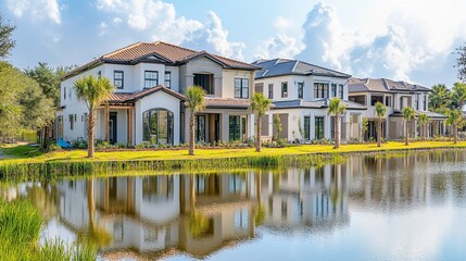 Obraz premium Luxury houses line tranquil lake. Reflections mirror architecture and foliage