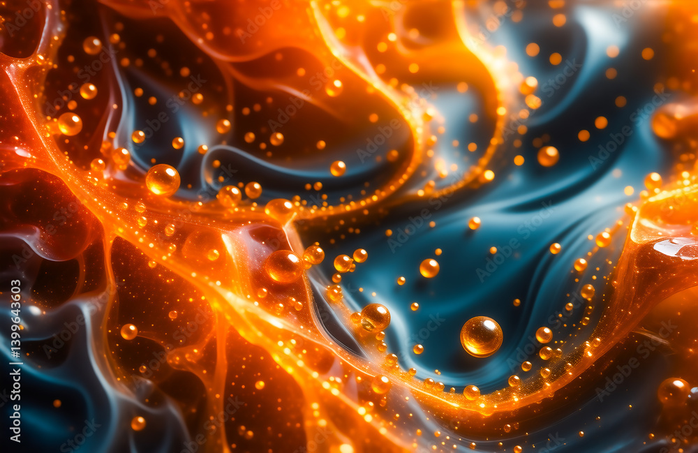 Poster Abstract image of swirling, vibrant orange and teal liquid with glowing bubbles.  The contrast between the colors and the fluidity creates a dynamic and mesmerizing effect.