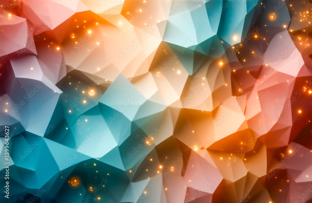 Poster Abstract polygonal background with vibrant teal, orange, and pink hues.  Glowing particles add depth and luminosity to the low-poly texture.