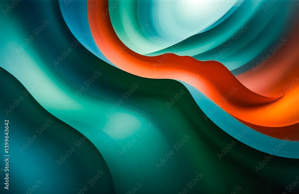 Poster Abstract image featuring swirling, vibrant teal, green, and orange hues.  The colors blend and flow into each other creating a dynamic, almost liquid effect. The composition evokes a sense of movement