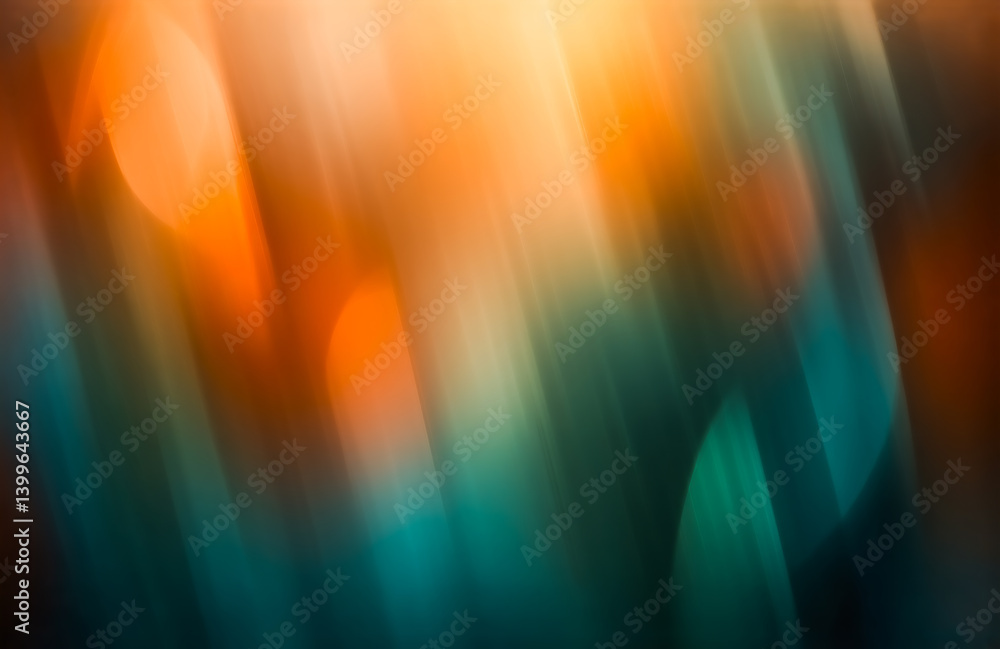 Poster abstract image with blurred, dynamic streaks of orange, teal, and dark tones. soft, glowing bokeh ci