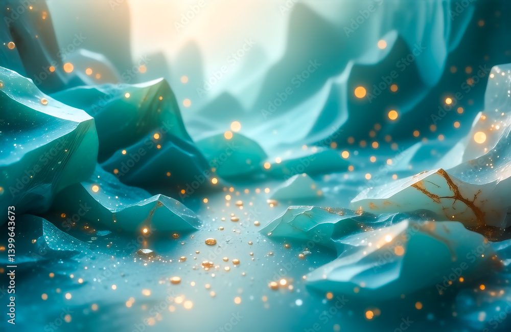 Poster enchanted teal mountainscape, glowing with golden particles. a mystical, ethereal scene of light and