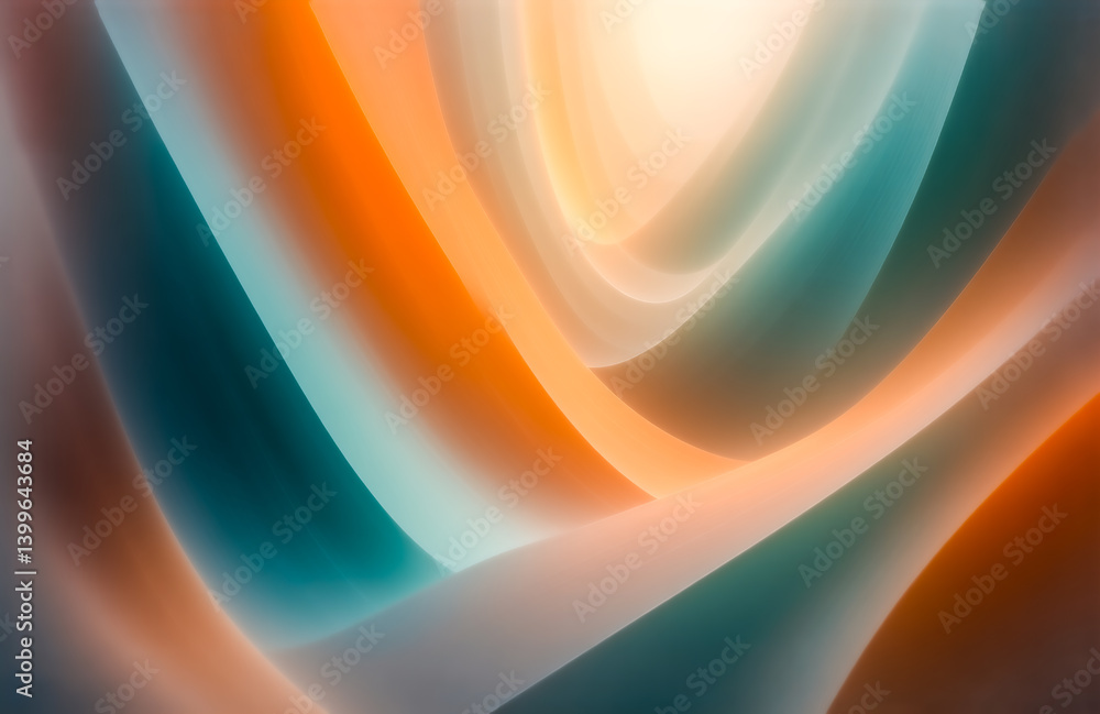 Aufkleber Abstract image featuring swirling, layered curves in teal, orange, and white hues.  The colors blend and create a sense of depth and movement.  A bright light source seems to emanate from within the c
