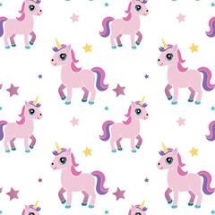 Naklejka premium Seamless pattern kids theme with pink unicorn, cartoon style, for many designs and prints