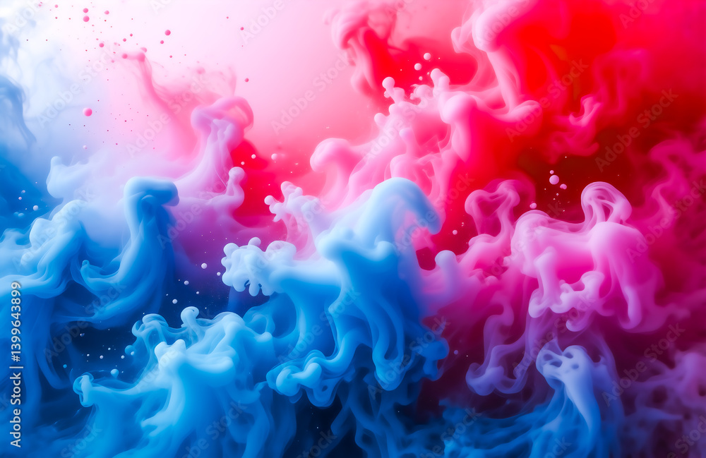 Poster an abstract image showcasing vibrant swirls of blue and red ink suspended in water. the colors blend