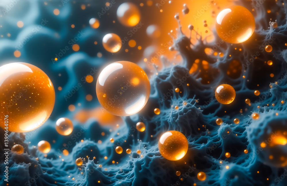 Poster abstract image of vibrant, translucent spheres floating in a dark, textured fluid. the spheres glow 