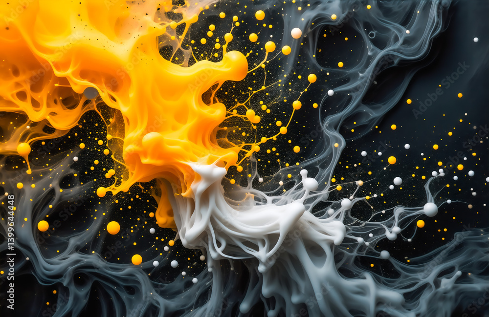 Leinwandbilder abstract image of vibrant yellow and white paint swirling in black water, creating a dynamic, contra