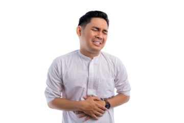 Handsome Asian Muslim man having stomach ache, touching sore stomach isolated on transparent background