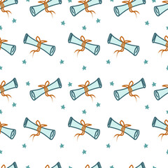 Happy Graduation seamless pattern with graduation cap and diploma. Hand drawn vector illustration.