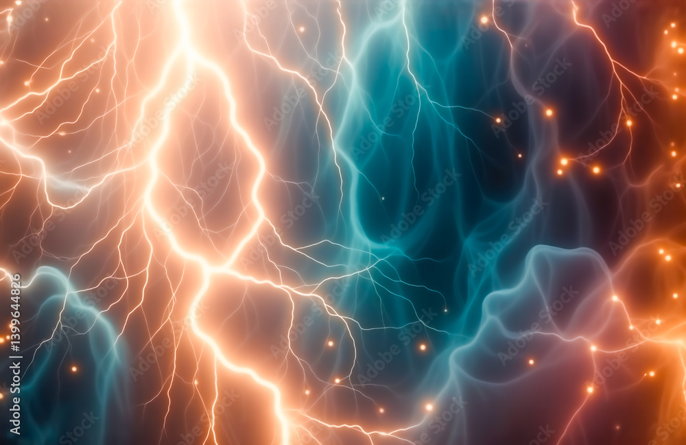 Leinwandbilder abstract artwork depicting a dynamic interplay of warm orange and cool teal lightning bolts, creatin