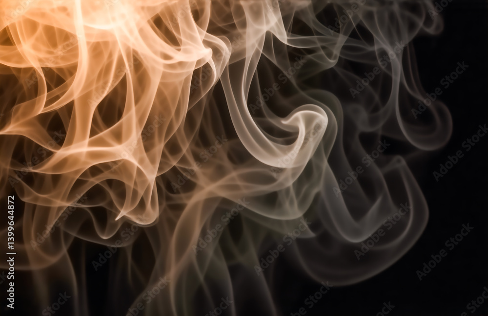 Poster abstract image of swirling orange and white smoke against a black background. the smoke creates intr