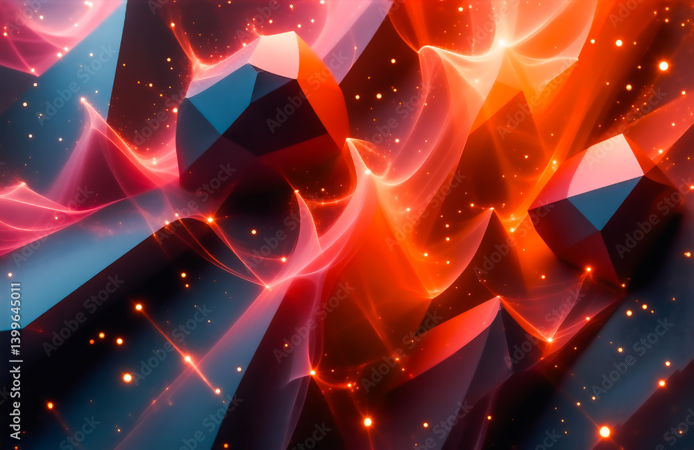 Poster Intricate, dark geometric forms are enveloped in swirling, fiery orange energy.  Sparkling dust motes add depth and texture to this abstract scene.