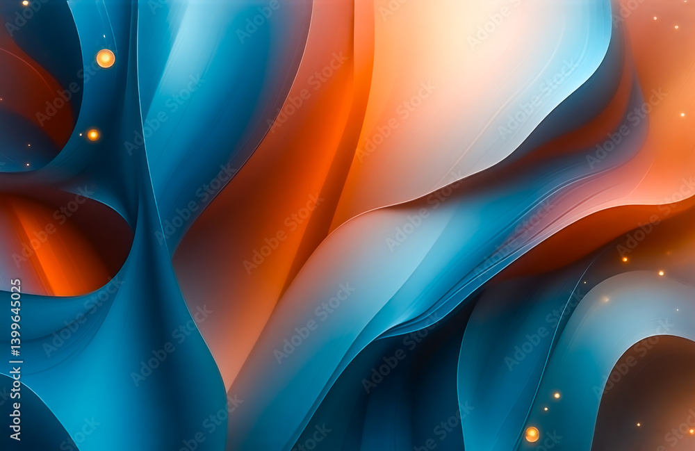 Poster Abstract image of flowing, translucent teal and orange shapes.  Shimmering golden particles add depth and luminosity to the dynamic composition.