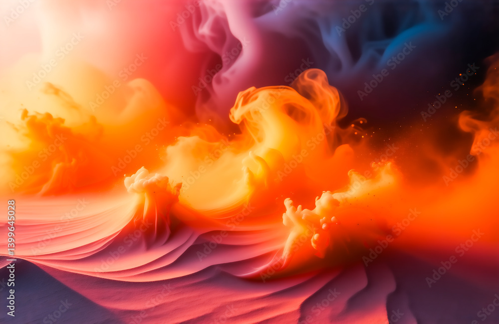 Poster abstract image of vibrant, swirling colors resembling a fiery, smoky landscape. the hues blend from 